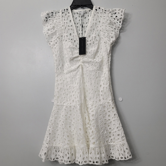 Gianni Bini Tammy V-Neck Flutter Short Sleeve Eyelet Cinched Tie Waist Mini Dres - Picture 10 of 10